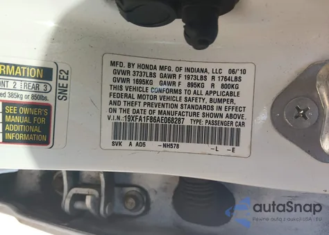 2010 Honda Civic Ex из США, поврежденный, VIN 19XFA1F86AE068287